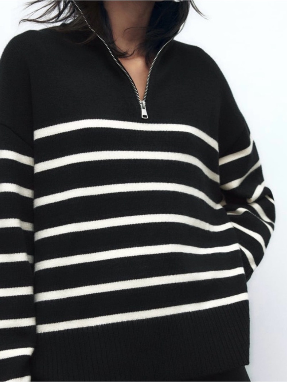 Zara Black and White Striped Half-Zip Sweater